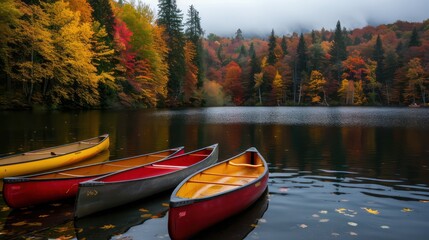 Aufkleber - Three canoes are floating in a lake with autumn leaves on the water. The scene is peaceful and serene, with the trees in the background providing a beautiful backdrop
