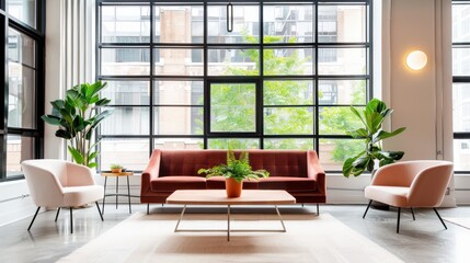 Poster - A living room with a couch, two chairs, and a coffee table. The room has a modern and minimalist design with a large window that lets in natural light. The plants in the room add a touch of greenery