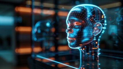 Poster - A woman's face is displayed on a computer screen. The face is made up of a mesh of wires and is surrounded by a black frame. The image gives off a futuristic and technological vibe, with the wires