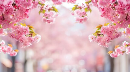 Poster - A pink tree with pink flowers is in the foreground. Concept of beauty and tranquility