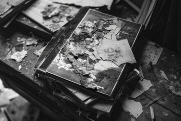 Sticker - A classic black and white photo of a book sitting on a table, perfect for use in editorial or educational contexts