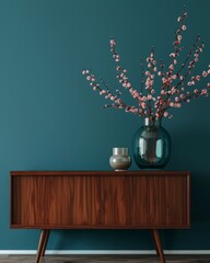 Canvas Print - Vase with blooming branches of cherry in vase on the wooden chest of drawers.