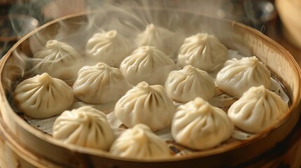 Wall Mural - Steaming Asian dumplings in a bamboo steamer basket. Traditional food style image with closeup view. Perfect for culinary, food blog, and restaurant visuals. Delicious homemade food concept. AI