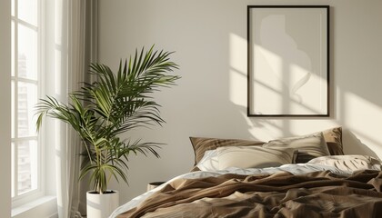 Wall Mural - Vintage minimalistic bedroom interior  brown linen bedding, modern poster, green plant