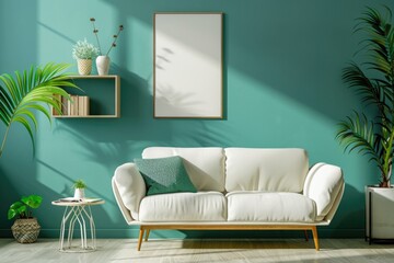 Poster - A cozy living room with a white couch against green walls, ideal for home decor and interior design projects