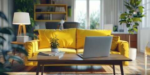 Poster - A cozy living room with a yellow couch and a person working on a laptop