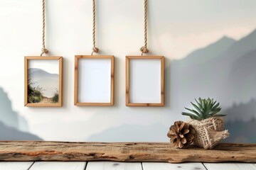 Poster - Wooden picture frames suspended from a rope on a wall, perfect for displaying art or photos