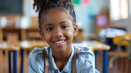 Poster - A young student sits at a desk in a classroom, focused on her work