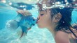 © Irina Ukrainets - Cute child kissing a fish underwater in a pool. Bright and clear image depicting innocence and friendship. Perfect for aquatic-themed designs and children's content. AI