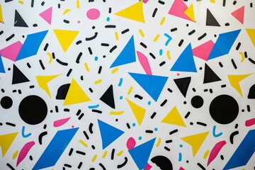 Poster - The Memphis design seamless pattern features trendy geometric shapes and bright colors from the 80's and 90's. Trendy geometric patterns with memphis style on a white background.