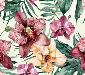 A seamless floral pattern with orchids and monstera, assorted tropical flowers and leaves isolated on pink, a botanical wallpaper