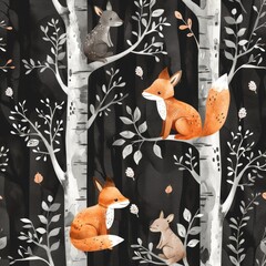 Forest animals seamless mural with owl, hedgehog, fox and butterfly, bunny rabbit set of forest squirrels, chipmunks, bear and bird babies.