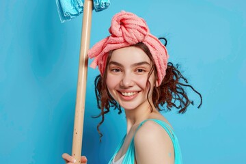 Poster - A woman wearing a towel on her head holds a mop, possibly after showering or cleaning