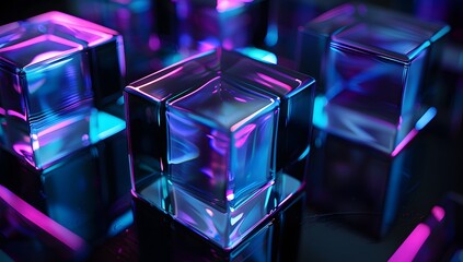 Poster - Bright, colorful glass cubes in a futuristic black setting