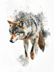  A wolf's face painted with watercolors on a pure white background