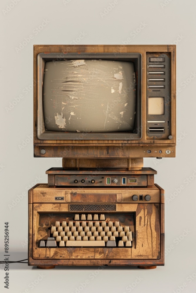 A vintage computer with a physical keyboard on top, perfect for ...