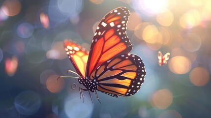 Sticker - Monarch Butterfly in Flight with Bokeh Background 3D Illustration