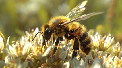 Poster - Realistic 3D Bee Gathering Pollen on White Flowers