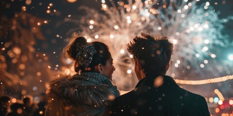 A couple stands together watching the colorful display of fireworks on a night sky