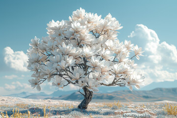 Poster - A single magnolia tree bursting with white flowers, standing out against a blue sky. Concept of individual beauty and nature’s elegance. Generative Ai.