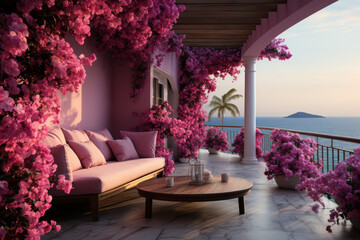 Wall Mural - Bougainvillea cascades over a terrace, filling it with vibrant pinks and purples. Concept of lush growth and tropical allure. Generative Ai.