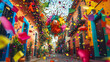 © Erika - piñata colgada entre las calles de un pueblo mexicano casas pintorescas y coloridas piñata y confeti colorido decorando las calles
