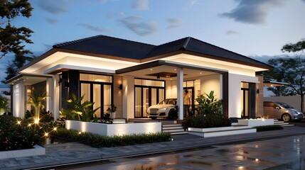 Modern Minimalist House Design with Car and Landscape