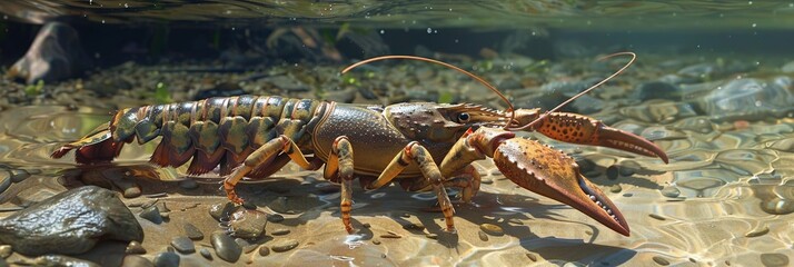 Sticker - Realistic Crayfish in a Shallow River Bed - 3D Render