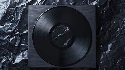 Poster - A close-up shot of a black vinyl record placed on a sheet of aluminum foil