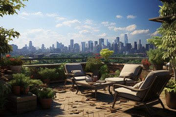 Canvas Print - A deserted rooftop garden with views of the city skyline, offering a peaceful escape from urban life. Concept of elevated solitude and metropolitan tranquility. Generative Ai.