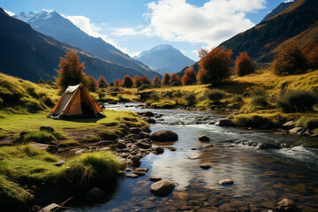 Sticker - A solitary campsite nestled beside a mountain stream, enveloped in the peaceful sounds of nature. Concept of wilderness solitude and camping tranquility. Generative Ai.