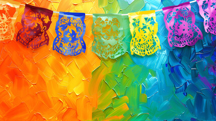 Wall Mural - fondo pintado colorido con espacio para copiar con papel picado de colores fondo para diseño mexicano obra de arte fondo divertido para invitacion 