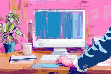 Poster - A person sits at a desk with a laptop open, typing away