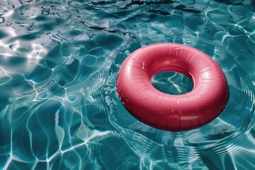 Poster - A bright red inflatable ring floats on the surface of a calm pool, perfect for summer fun or pool party decorations