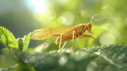 Sticker - Golden Insect on a Green Leaf Illustration