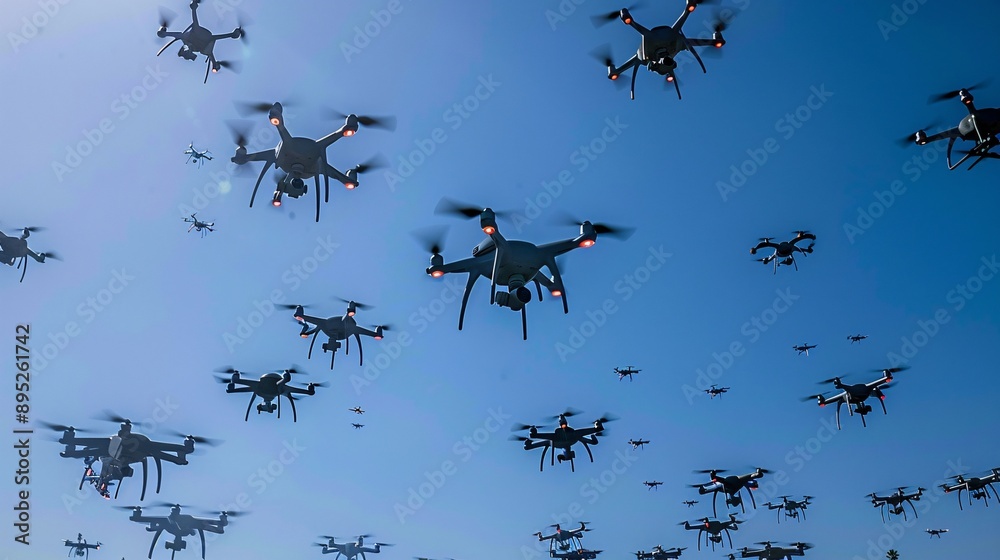 A swarm of drones flying in formation against a clear blue sky ...