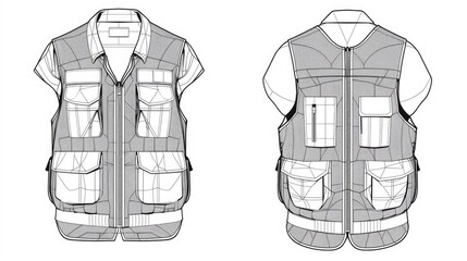 Poster - A drawing of a practical vest with many pockets, suitable for outdoor or work settings