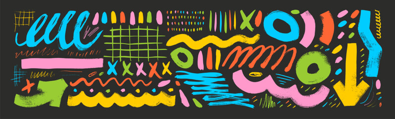 Aufkleber - Hand drawn colorful doodle scribble set, various brush strokes, arrows, grids and squiggles. Crayon underlines and marker doodle rough scratches. Grungy smears and rough crayon strokes, circles.