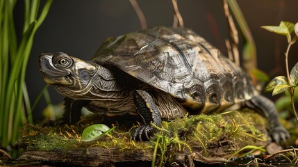 Poster - Closeup of a Turtle on Mossy Rock - Realistic Image