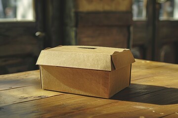 Poster - A simple brown box resting on a wooden table, ready for use or storage