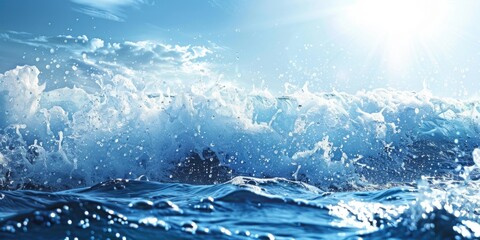 Poster - A powerful wave crashes into the calm blue ocean, creating a dramatic scene