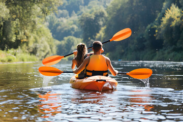 back view of couple kayaking