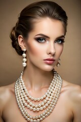 Beautiful young woman with stylish pearl jewelry on beige background