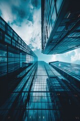 Poster - Urban landscape from the ground level, looking up at towering buildings