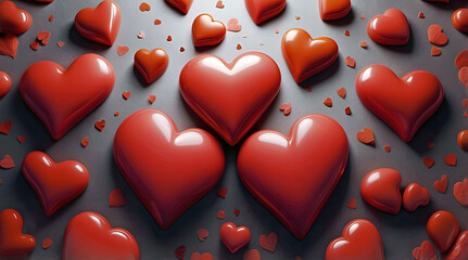 Wall Mural - Beautiful Collection Polished Valentine Love Red Hearts on Muted Grey Surface Background