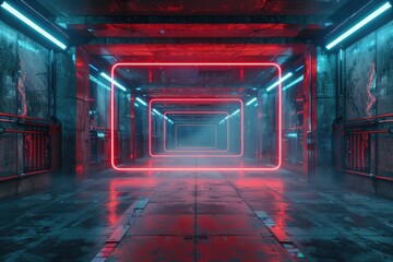 Poster - A dimly lit room with a single red neon light providing the only illumination