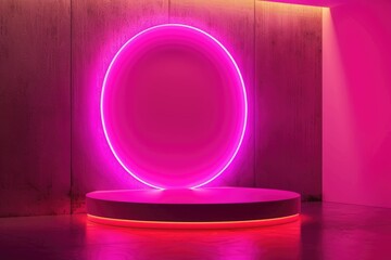 Poster - A pink neon ring illuminated in a darkened space
