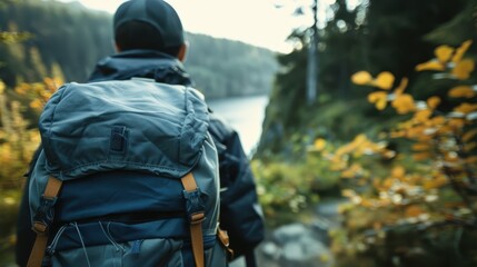 A person wearing a backpack stands on a trail overlooking a serene lake, epitomizing the exploration and awe found in nature’s untouched beauty and adventure.