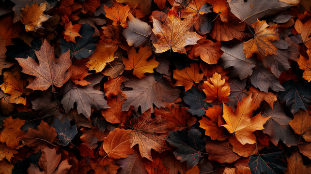brown and orange fallen autumn maple leaves lie on ground background