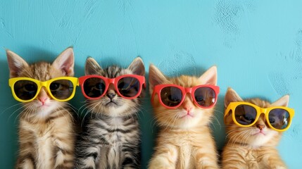  Bright post photo of little kittens in a row in bright sunglasses on wall background, studio photo, concept of summer vacation, friendship and cute pets